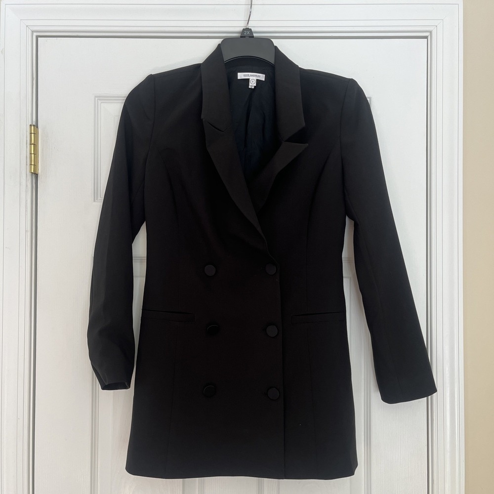 GOOD AMERICAN Women's Black Double-Breasted Soft Stretch Sculpted Blazer Size 0